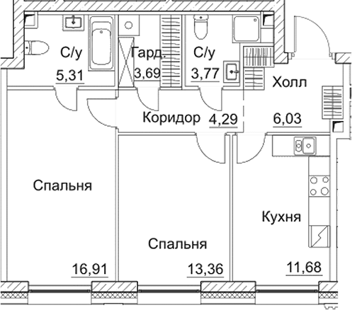 Планировка — СЕЗАР СИТИ, 2-комн., 65 м²