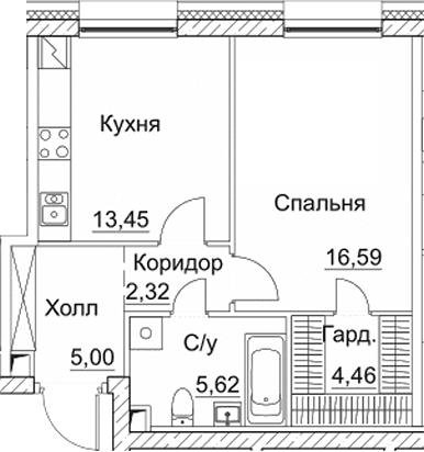 Планировка — СЕЗАР СИТИ, 1-комн., 47 м²