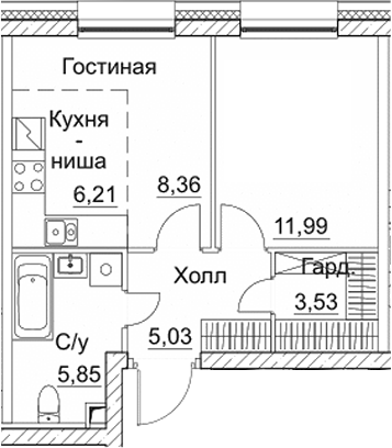 Планировка — СЕЗАР СИТИ, 1-комн., 41 м²