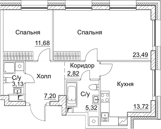 Планировка — СЕЗАР СИТИ, 2-комн., 67 м²