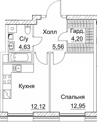 Планировка — СЕЗАР СИТИ, 1-комн., 39 м²