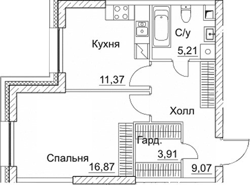 Планировка — СЕЗАР СИТИ, 1-комн., 46 м²