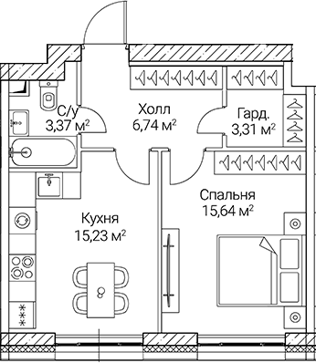Планировка — СЕЗАР СИТИ, 1-комн., 44 м²