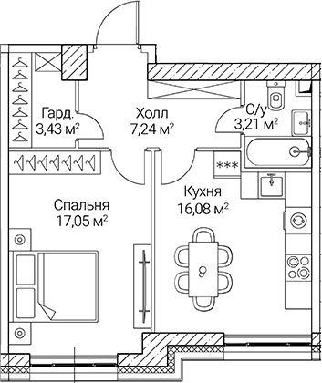 Планировка — СЕЗАР СИТИ, 1-комн., 47 м²