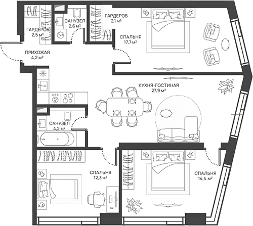 Планировка — СВЕТ, 4-комн., 88 м²