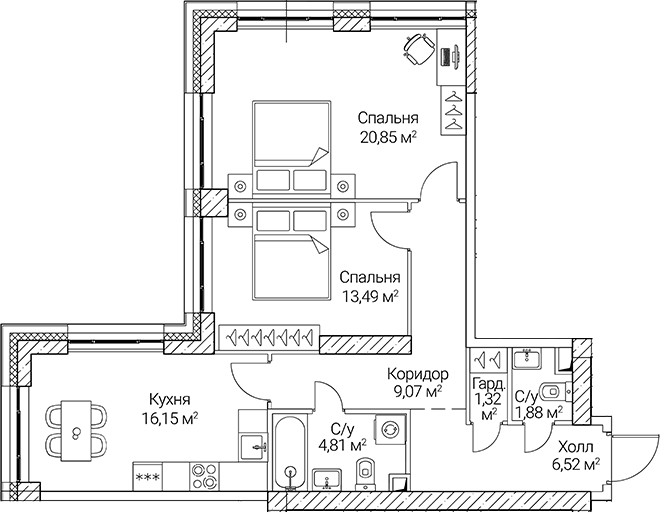 Планировка — СЕЗАР СИТИ, 3-комн., 74 м²