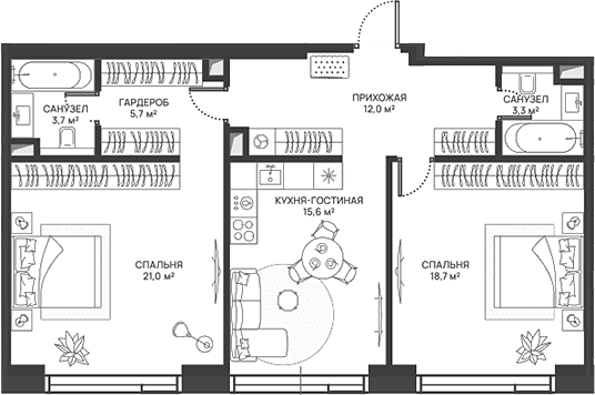 Планировка — СВЕТ, 3-комн., 80 м²