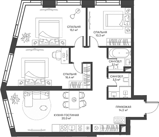Планировка — СВЕТ, 4-комн., 83 м²