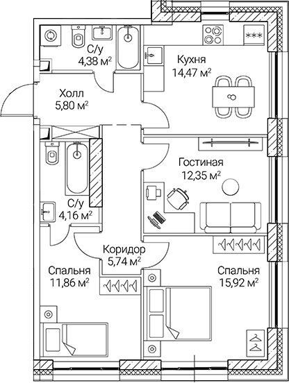 Планировка — СЕЗАР СИТИ, 3-комн., 75 м²