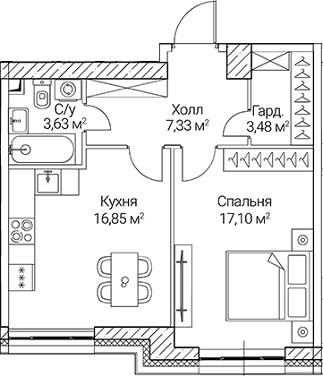 Планировка — СЕЗАР СИТИ, 1-комн., 48 м²