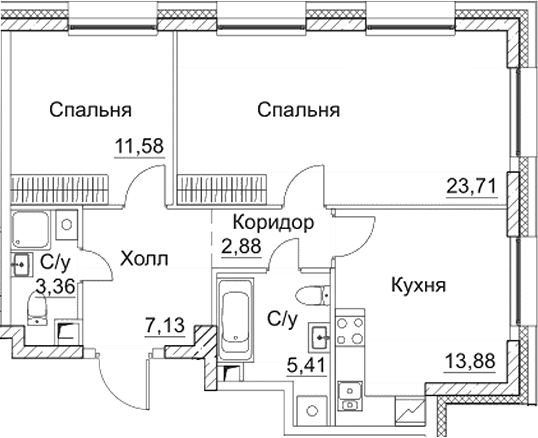 Планировка — СЕЗАР СИТИ, 2-комн., 68 м²