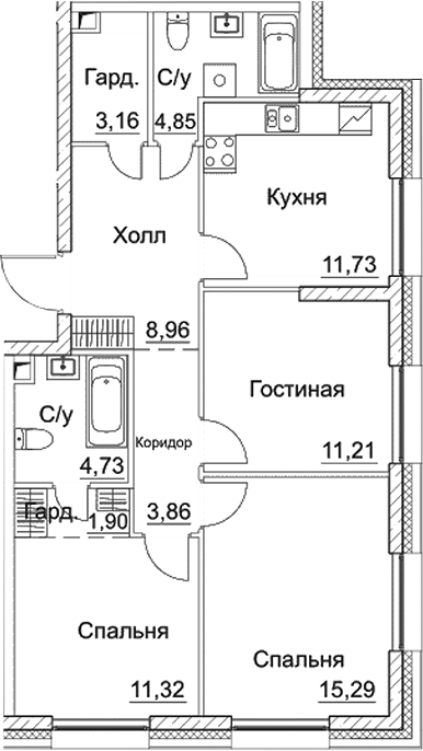 Планировка — СЕЗАР СИТИ, 3-комн., 77 м²