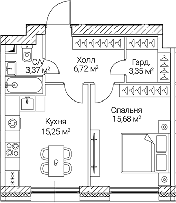Планировка — СЕЗАР СИТИ, 1-комн., 44 м²
