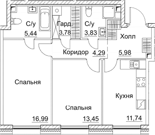 Планировка — СЕЗАР СИТИ, 2-комн., 66 м²