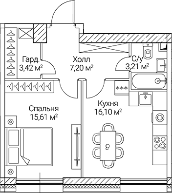 Планировка — СЕЗАР СИТИ, 1-комн., 46 м²