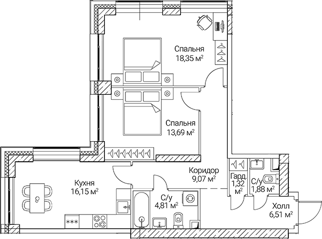 Планировка — СЕЗАР СИТИ, 3-комн., 72 м²