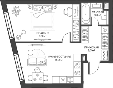 Планировка — СВЕТ, 2-комн., 43 м²