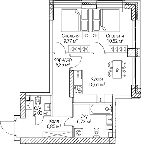 Планировка — СЕЗАР СИТИ, 2-комн., 58 м²