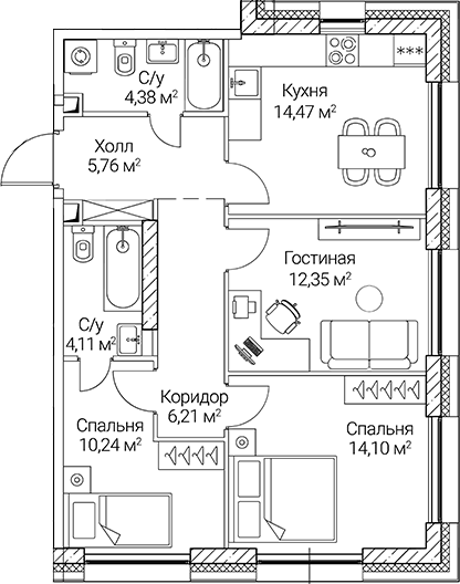 Планировка — СЕЗАР СИТИ, 3-комн., 72 м²