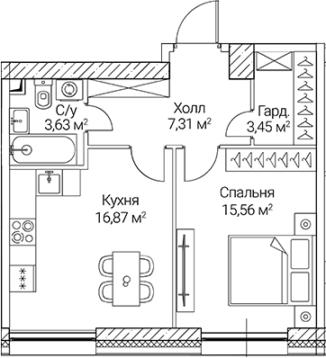 Планировка — СЕЗАР СИТИ, 1-комн., 47 м²
