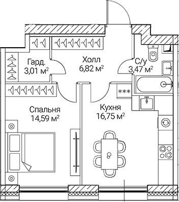 Планировка — СЕЗАР СИТИ, 1-комн., 45 м²