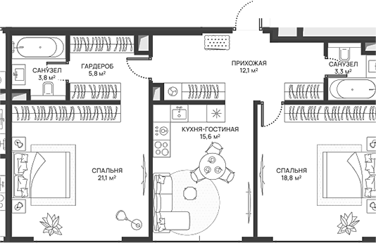 Планировка — СВЕТ, 3-комн., 81 м²