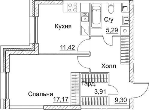 Планировка — СЕЗАР СИТИ, 1-комн., 47 м²