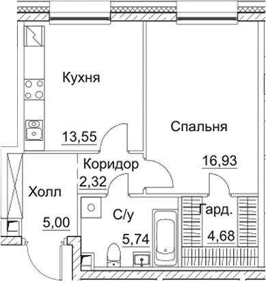 Планировка — СЕЗАР СИТИ, 1-комн., 48 м²