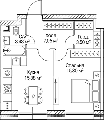Планировка — СЕЗАР СИТИ, 1-комн., 45 м²