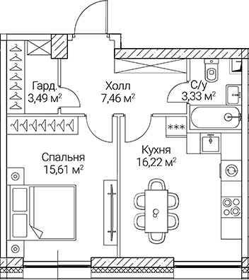 Планировка — СЕЗАР СИТИ, 1-комн., 46 м²