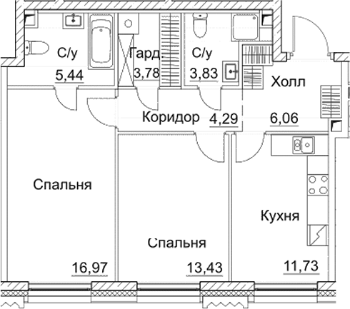 Планировка — СЕЗАР СИТИ, 2-комн., 66 м²