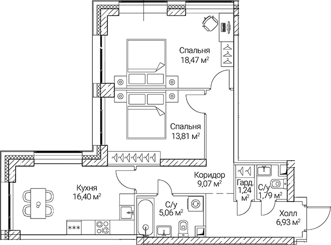 Планировка — СЕЗАР СИТИ, 3-комн., 73 м²