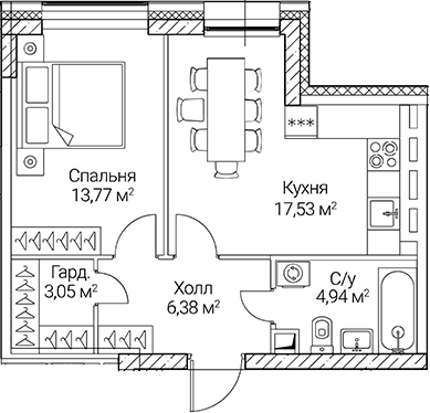 Планировка — СЕЗАР СИТИ, 2-комн., 46 м²