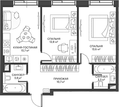 Планировка — СВЕТ, 3-комн., 58 м²