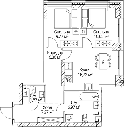 Планировка — СЕЗАР СИТИ, 2-комн., 59 м²