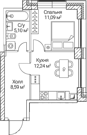 Планировка — СЕЗАР СИТИ, 1-комн., 37 м²