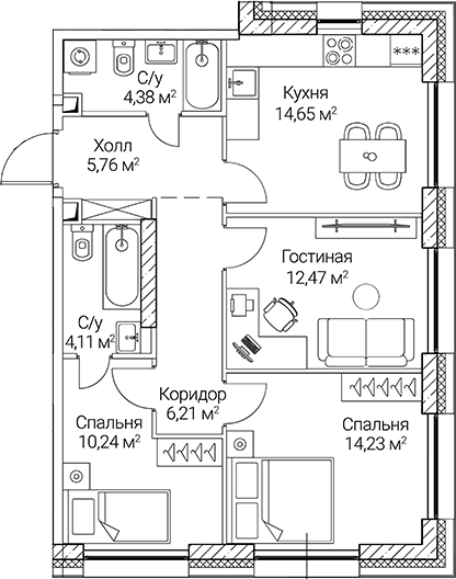 Планировка — СЕЗАР СИТИ, 3-комн., 72 м²