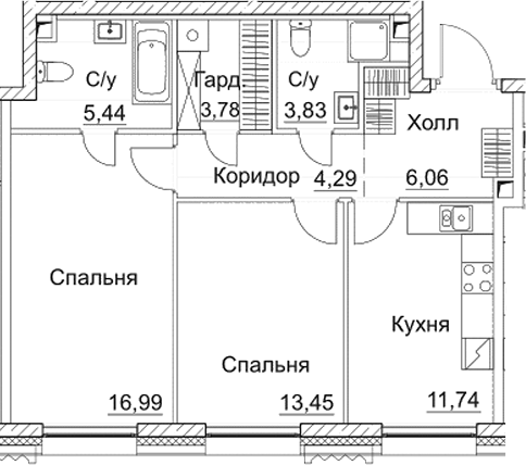 Планировка — СЕЗАР СИТИ, 2-комн., 66 м²
