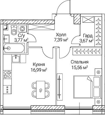 Планировка — СЕЗАР СИТИ, 1-комн., 47 м²