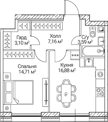 Планировка — СЕЗАР СИТИ, 1-комн., 45 м²