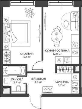 Планировка — СВЕТ, 2-комн., 39 м²