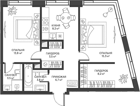 Планировка — СВЕТ, 2-комн., 63 м²