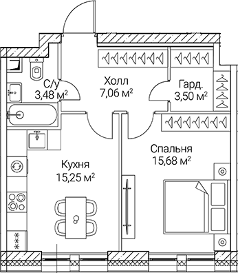 Планировка — СЕЗАР СИТИ, 1-комн., 45 м²