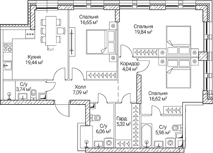 Планировка — СЕЗАР СИТИ, 4-комн., 105 м²