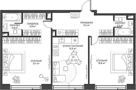 Планировка — СВЕТ, 3-комн., 81 м²