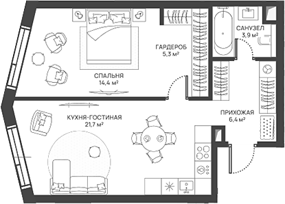 Планировка — СВЕТ, 2-комн., 52 м²