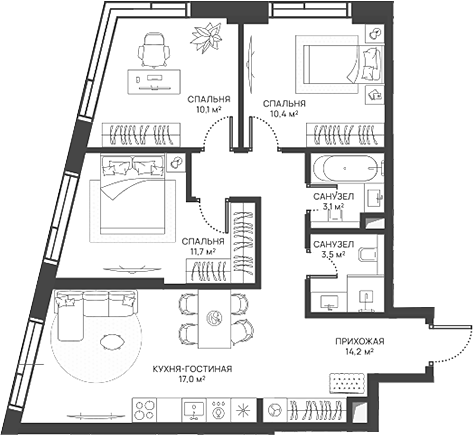 Планировка — СВЕТ, 4-комн., 70 м²