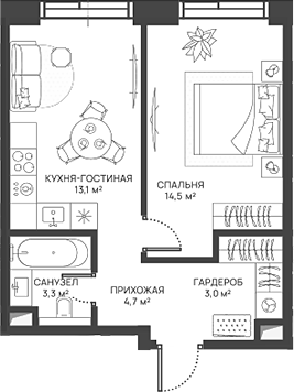 Планировка — СВЕТ, 2-комн., 39 м²