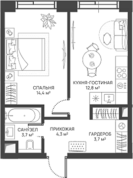 Планировка — СВЕТ, 2-комн., 39 м²