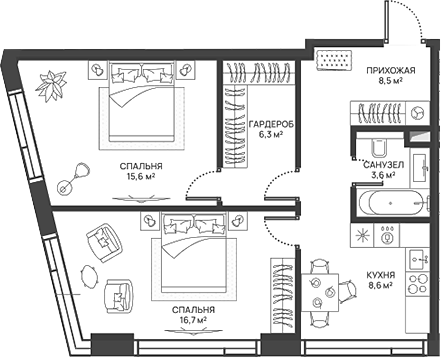 Планировка — СВЕТ, 2-комн., 59 м²